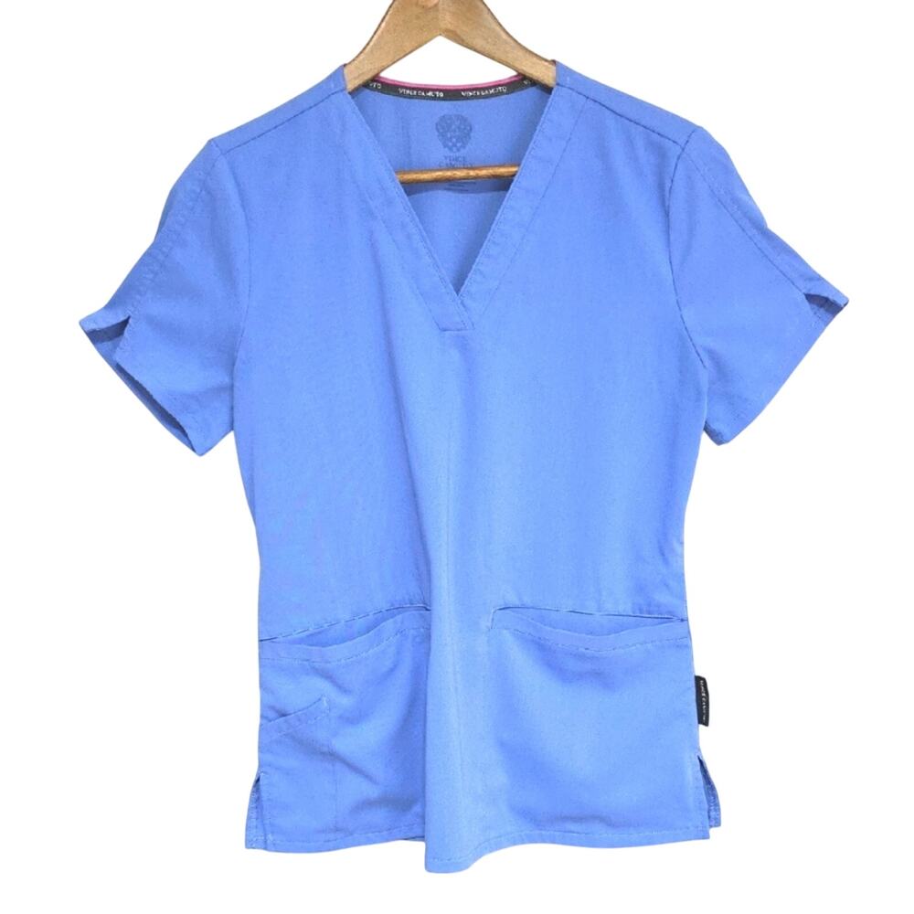 Vince Camuto Scrubs Womens Sz S Ceil Blue Pockets V-Neck Scrub Top